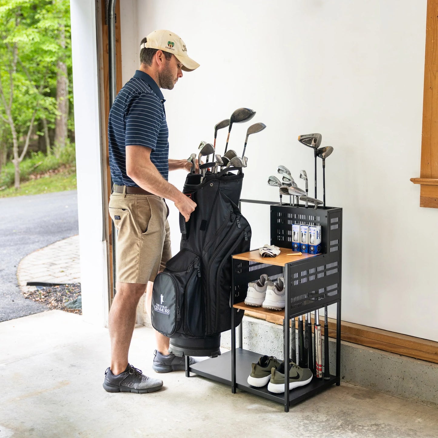 Golf Bags Storage Garage Organizer Golf Storage Rack Stand for Golf Bag Clubs and Golf Equipment Accessories Golf Bag Holder with Wheels for Club Shed and Basement Black
